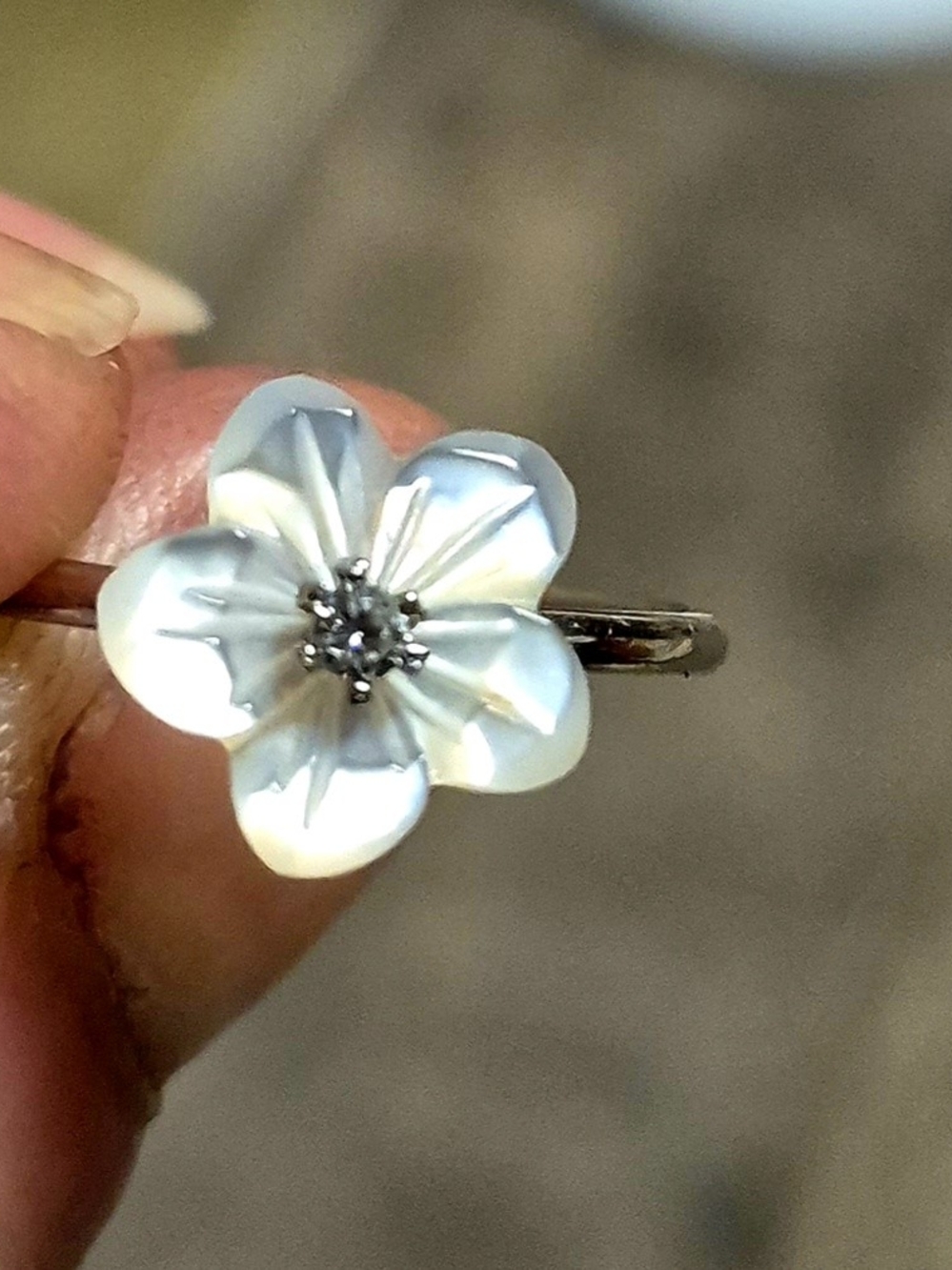 Speechless Iridescent Mother Of Pearl White Flower Ring with Crystal Center